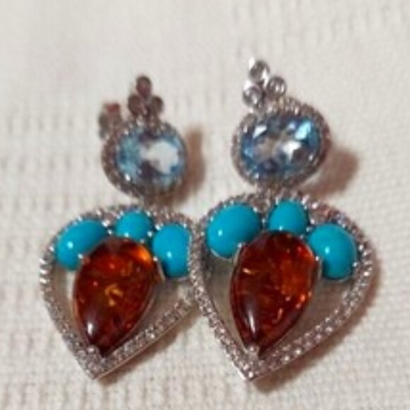 NWOT Shop HQ Sterling Silver Pear Shape Earrings, Blue Topaz, Turquoise & Amber - Picture 1 of 1